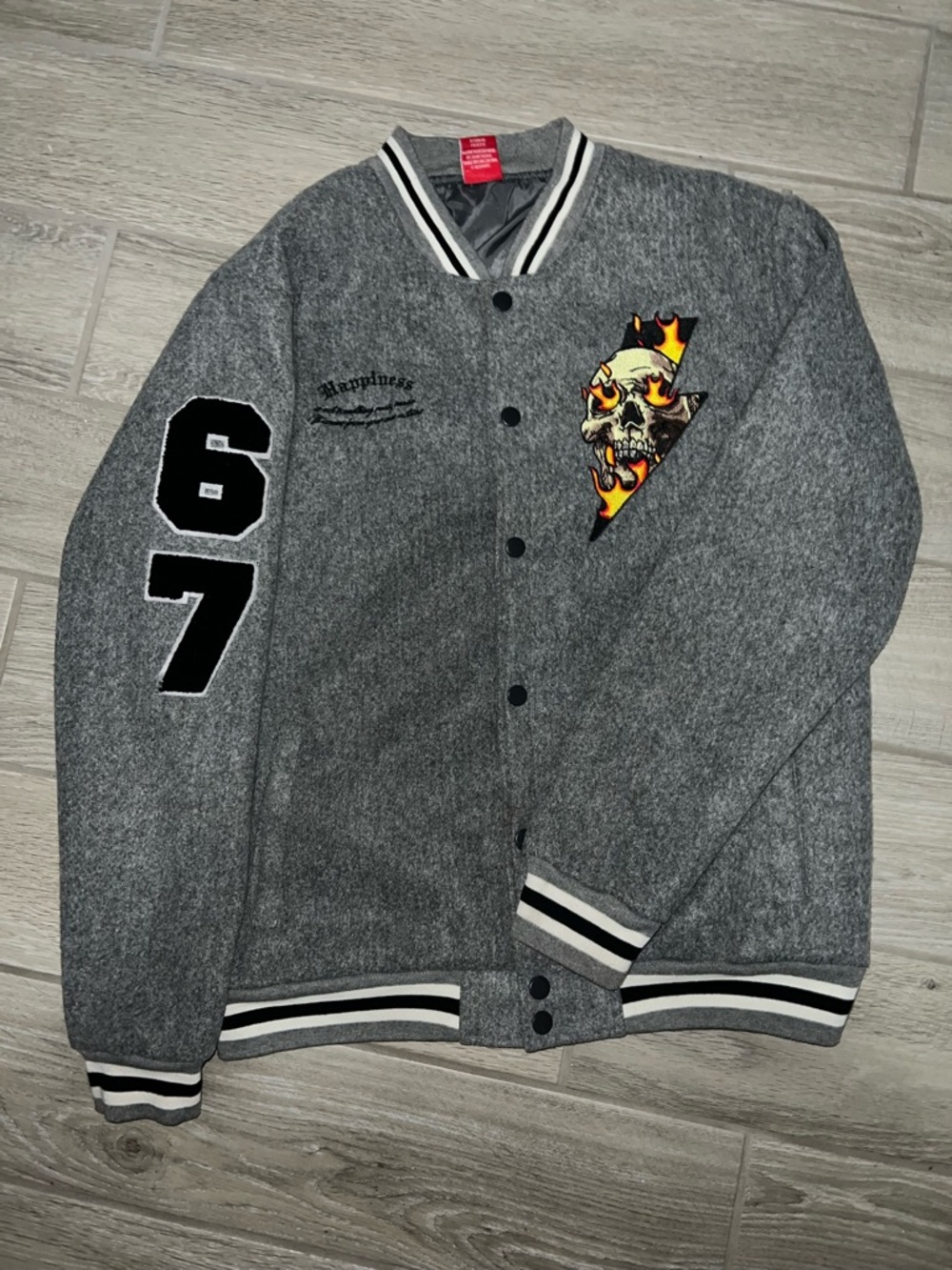 Ring of Fire Gray Varsity Jacket with Skull Flame Patch